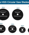 7 Piece HSS Circular Saw Blades Set with One Eighth and One Quarter Inch Mandrels for Mini Rotary Tools, various blade sizes shown