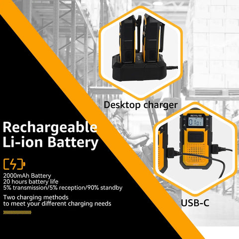 Badass Portable Waterproof Two Way Radio Featuring Rock Solid IP67 Protection And Snappy USB C Charging charging on a desktop charger.
