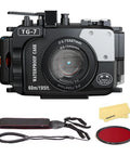 Underwater Housing For Olympus TG-7 With Filter, 60m/195ft Depth Rating, Black, shown with filter and strap accessories.