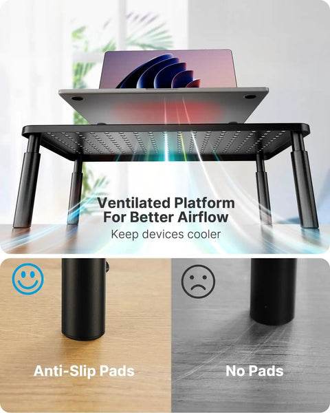 Ergonomic Monitor Stand Riser With Airflow Vents Three Height Options Of 3.94, 4.72 And 5.51 Inches, showcasing ventilated platform and anti-slip pads.