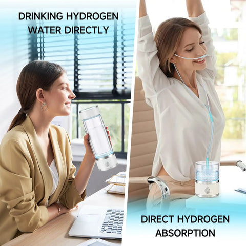 Woman using hydrogen water bottle generator portable rechargeable glass bottle with Spe Pem technology delivers 4100 PPB pure hydrogen