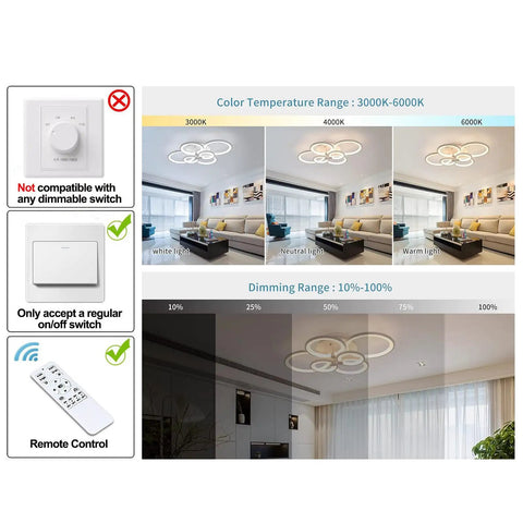 72W LED Ceiling Light Fixture With Remote Control Six Heads Modern Acrylic Chandeliers Dimmable Flush Mount Lamp demonstration
