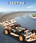 Self-Centering Steering RC Car Kit for STEM Projects, DIY Engineering Toy for Kids Ages 8-12, Drifting Action, Kid-Friendly Builds, Learn Coding, Hands-On STEM Kit for Young Makers wood RC car drifting on track