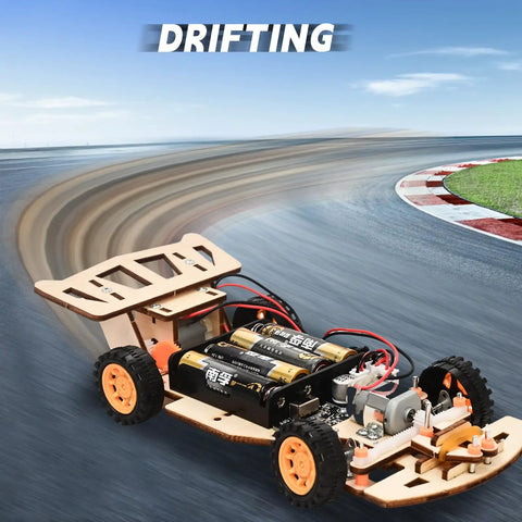 Self-Centering Steering RC Car Kit for STEM Projects, DIY Engineering Toy for Kids Ages 8-12, Drifting Action, Kid-Friendly Builds, Learn Coding, Hands-On STEM Kit for Young Makers wood RC car drifting on track