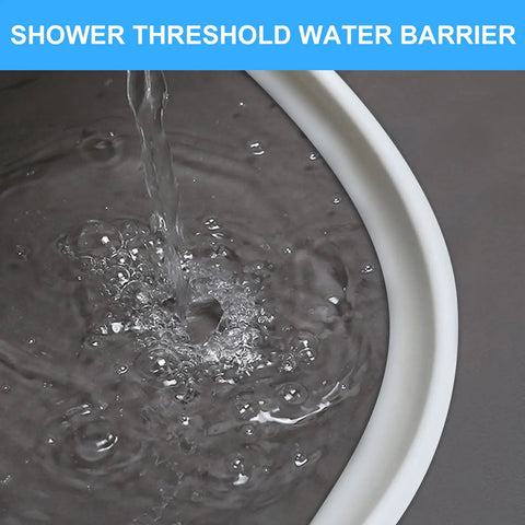 39 Inch Collapsible Shower Dam Barrier Keeps Water In The Shower And Floors Dry, No Splash Design shown intercepting water flow