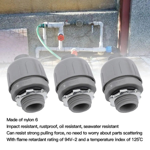 Battle Tough 10 Pack 1 Inch NPT Liquid Tight Conduit Connectors Heavy Duty Nylon Electrical Fittings on a workbench.