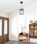 Industrial Black Pendant Light Fixture With Geometric Wire Cage hanging in modern entryway with wooden furniture