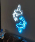 Koi Fish Neon Sign Ice Blue And White LED Light Art, 14 Inch Acrylic Flex Neon, wall-mounted 3D engraved signage glowing.