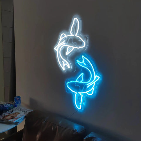 Koi Fish Neon Sign Ice Blue And White LED Light Art, 14 Inch Acrylic Flex Neon, wall-mounted 3D engraved signage glowing.