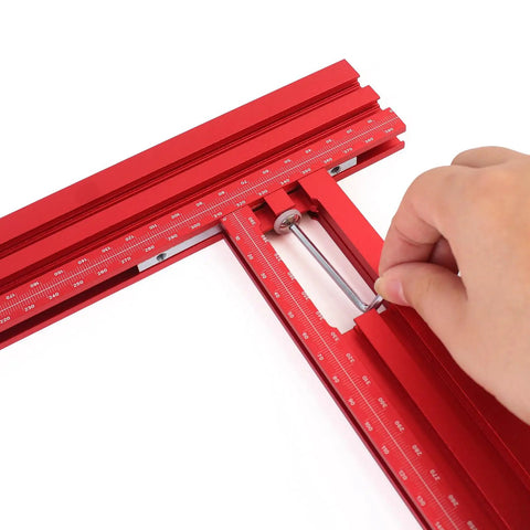 Heavy Duty Adjustable Router Jig For Cutting Boards, red aluminum frame showcasing adjustment mechanism for precision cuts.