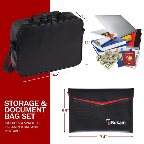 Fireproof Document Bag With Lock And Money Bag For On The Go Travel, Water Resistant Fire Safe File Organizer, Dual Layer Fiberglass Fireproof Storage Bag With Code Lock, Carry Along Portable Multi Layer Safe Bag In Black with dimensions and contents displayed