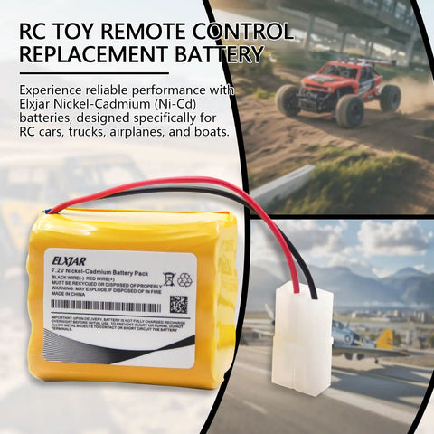 2-Pack 7.2V 1000mAh NiCd AA Battery Pack With Tamiya Plug shown with RC car and plane, ideal for hobby models