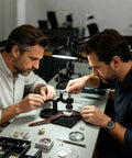 Two watchmakers using Watch Press Tool 18mm To 50mm With Alloy Frame Non Slip Clamping Device in horology studio