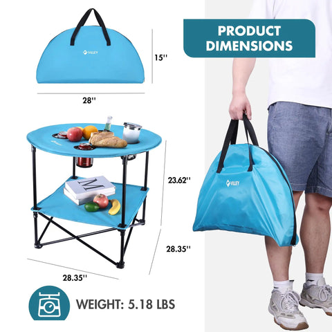 Folding Camping Table Lightweight Double Layer Round Table With 4 Cup Holders And Carry Bag Portable Beach Table for camping travel fishing and outdoor activities blue