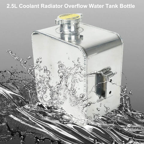 Heavy Duty 2.5L Aluminum Coolant Radiator Overflow Expansion Tank with water splash effect.