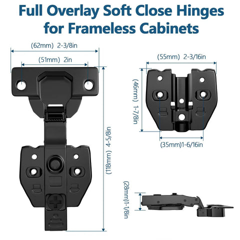 4 Pack Frameless Soft Close Cabinet Hinges With 110 Degree 3D Adjustable Concealed European Design dimensions view