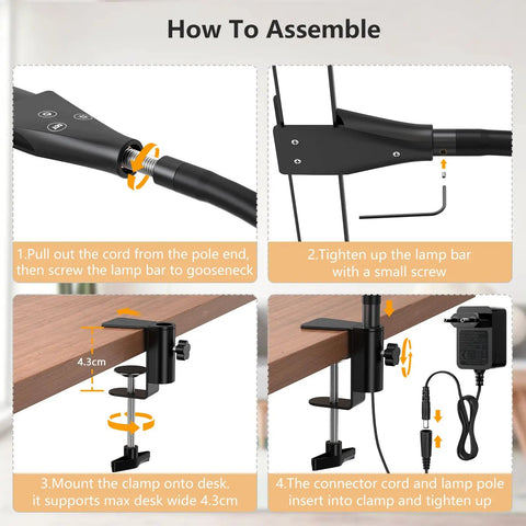 Assembly steps for Double Head LED Desk Lamp For Home Office And Studio, Ultra Wide 25.1 Inch Light Bar, 1200LM Super Bright Clamp Lamp.