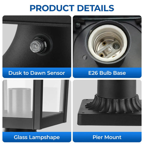 Outdoor Post Light Fixture With Dusk To Dawn Sensor Six Inch Aluminum Lantern With Clear Glass for Garden Detail View