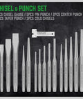 Versatile 16 Piece Punch And Chisel Set with Pro Grade Taper Punch Pin Center Punches Cold Chisels and Gauge for bolt alignment.