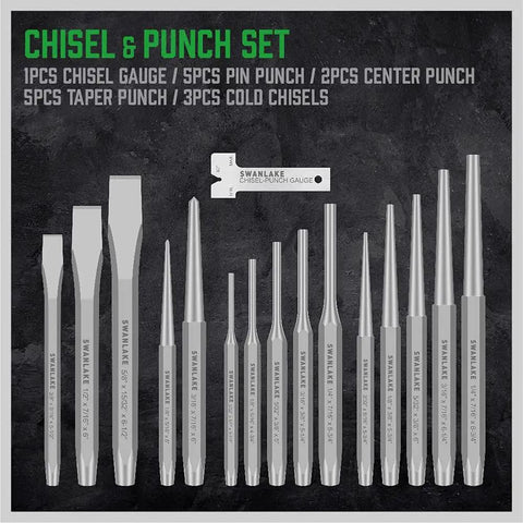 Versatile 16 Piece Punch And Chisel Set with Pro Grade Taper Punch Pin Center Punches Cold Chisels and Gauge for bolt alignment.
