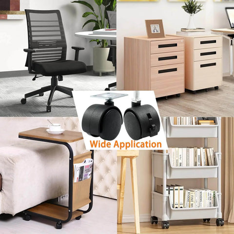 Collage showcasing 2 Inch Swivel Caster Wheels Set Of 4 With Black Nylon M8 Threaded Stem on various furniture and shelves