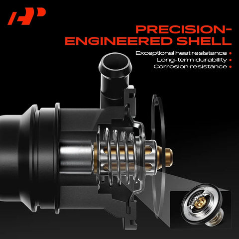Cross-section of precision-engineered engine coolant thermostat and housing assembly with heat and corrosion resistance features.