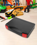Small Hard Shell Plastic Toolbox Featuring Heavy Duty Multi Compartment Tool Organization And Secure Travel Storage With Hella Tough Durable Construction And Sweet Portable Gear Layouts on a workstation.