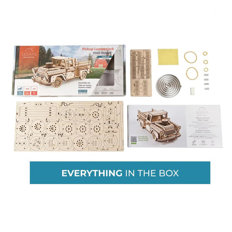 Pickup Lumberjack Mechanical Wood Model Kit For Adults 3D Puzzle And DIY Craft Set With A Spring Motor That Powers A Realistic Working Pickup Truck You Can Build Customize And Display, parts included