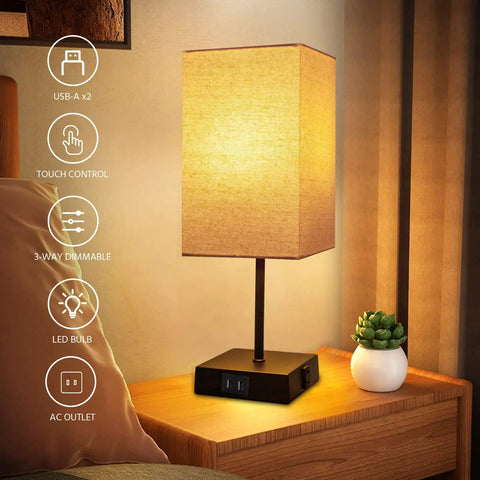Pair Of Touch Lamps With USB Port And Outlet, 3 Way Dimmable Bedside Lamps For Nightstands, LED Bulbs Included