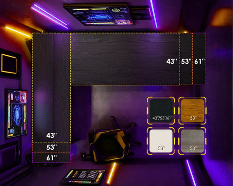 Top view of L Shaped Gaming Desk With LED Lighting And Built In Power Outlets, Reversible Corner Computer Table dimensions highlighted.