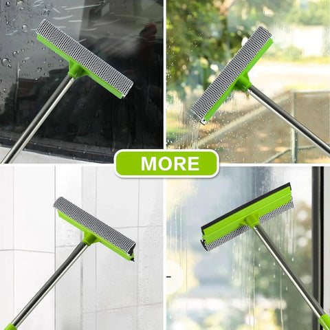 2-In-1 Window Squeegee with 30-59 Inch Stainless Steel Adjustable Handle cleaning glass surfaces outdoors and indoors.