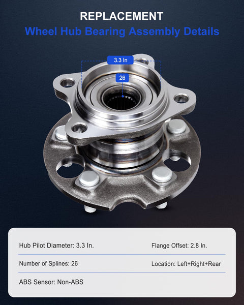 Rear Wheel Hub Bearing Assembly For AWD Ready To Roll Fits Lexus RX330 2004 To 2006 RX350 2007 To 2009 RX400h 2006 To 2008 Highlander 2004 To 2013 Venza 2009 To 2013 5 Lug 512284 Without ABS with specifications