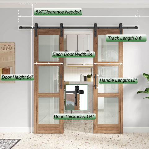 Double 24x84 Inch Glass Barn Doors With 48 Inch Opening, 8 Ft Hardware Kit and Handle Included, 3 Panel Frosted Glass, LVL Wood Panel