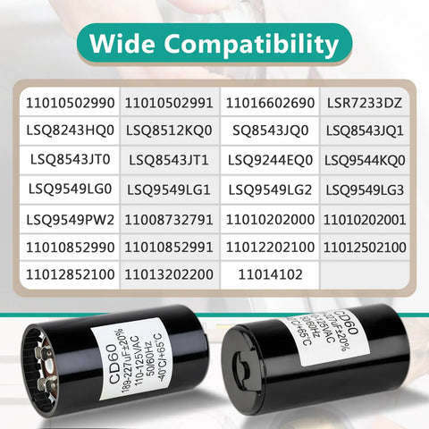 Washer Start Capacitor Replacement Part For Most Top And Front Load Washers Fits 661606 WP8572717 2859 357021 W10244889 3949169 482156 Black Durable Replacement Part For Easy Fix And Long Lasting Performance. CD60 start capacitor with compatibility chart