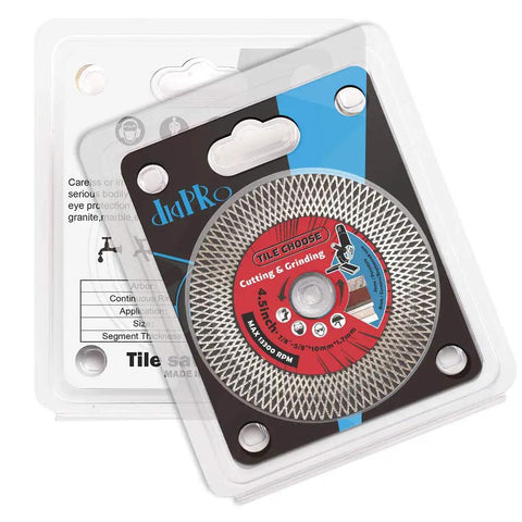 4.5 Inch Diamond Tile Blade For Porcelain Granite Marble Cut And Grind Wet Or Dry, 2 Pack, packaged blade front view