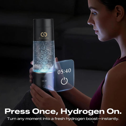 Woman using Top Shelf Hydrogen Water Bottle Generator With 6400 PPB Molecular Hydrogen IHSA Certified 10 Oz Capacity