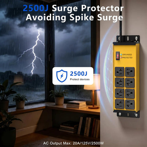 Heavy Duty Power Strip With 20 Amp Surge Protector And 12 Gauge Tough As Nails Wiring Featuring Eight Grounded Outlets Plus 10 Foot Extension Cord For Shop And Garage Builds With No Drama Manual Reset Overload Breaker near window during storm.