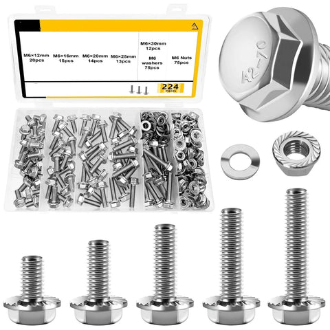 224 Piece M6 Stainless Steel Hexagon Flange Bolt Nut Washer Set Metric Fasteners Assortment Kit For Auto DIY And Heavy Duty Repairs With Precision Threads, organized case