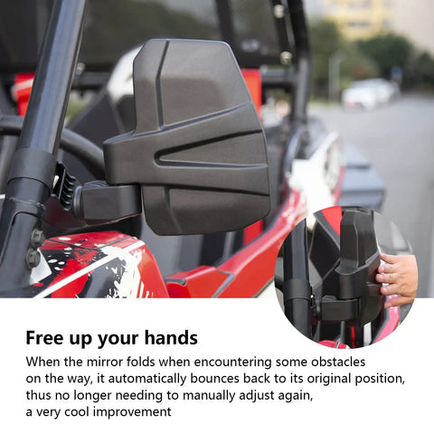 Auto Reset UTV Side Mirrors for 1.5 to 2.0 Inch Roll Cages installed on red UTV, brushed obstacle resistance feature shown