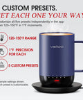 Smart Self Heating Coffee Mug With Advanced Temperature Control And AI Auto Warm Tech Keeps Your Morning Joe Piping Hot In A Sleek 16 Oz Insulated Travel Cup showing 5 custom presets and temperature range.