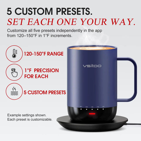 Smart Self Heating Coffee Mug With Advanced Temperature Control And AI Auto Warm Tech Keeps Your Morning Joe Piping Hot In A Sleek 16 Oz Insulated Travel Cup showing 5 custom presets and temperature range.