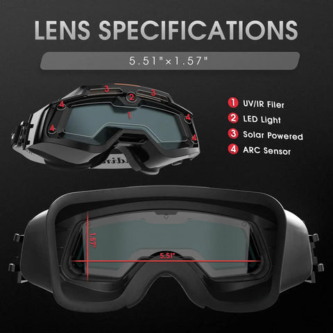 Lens specs for Auto Darkening Welding Goggles With Mask And LED Lighting Type-C Charge True Color View Four Arc Sensors.