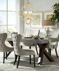 Dining room with Golden Orb Chandelier Four Light Pendant Ceiling Fixture In Candle Style Geometric Design For Dining Room Foyer Hallway Entryway Living Room Brighten Your Space With Modern Glam Gold Finish 22.4 Inch Diameter.