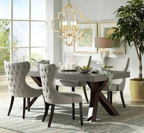 Dining room with Golden Orb Chandelier Four Light Pendant Ceiling Fixture In Candle Style Geometric Design For Dining Room Foyer Hallway Entryway Living Room Brighten Your Space With Modern Glam Gold Finish 22.4 Inch Diameter.