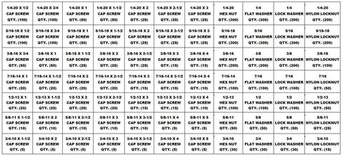 Table listing contents of Massive 5170 Piece Grade 8 USS Bolt Kit With Hex Head Cap Screws Flat And Lock Washers Hex Nuts And Two 40 Hole Bins