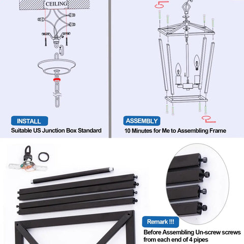 Square Metal Farmhouse Pendant Light Chandelier For Kitchen Island And Foyer assembly instructions and parts layout