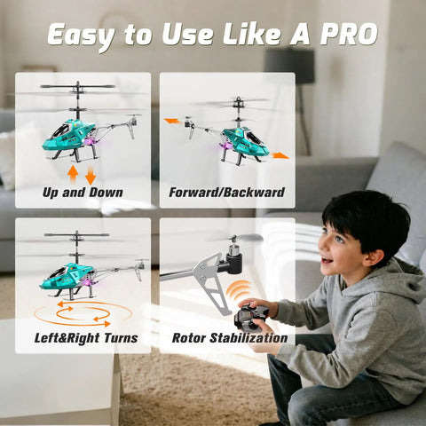 Child playing with Heavy Duty RC Helicopter For Kids With LED Lights, 2.4GHz Remote, Easy To Fly Indoor Outdoor, Durable Alloy Frame
