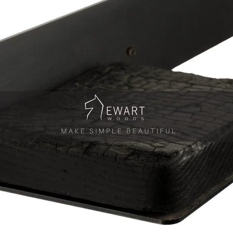 Close-up of the Pretty Tough Wall Mount Toilet Paper Holder With Rustic Charcoal Wood Shelf, highlighting blackened wood texture.