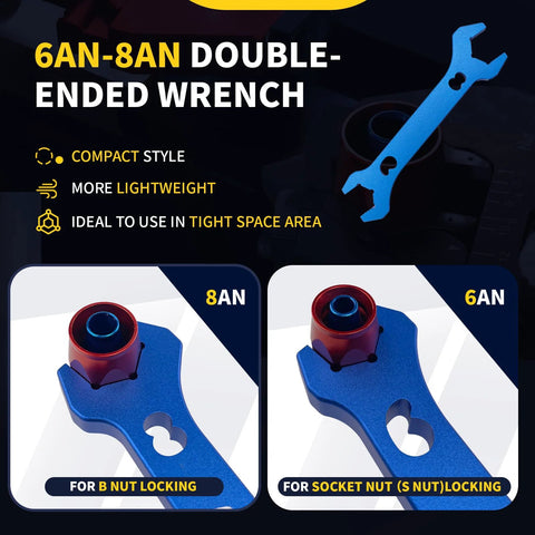 Blue PTFE hose assembly tool, double-ended AN wrench, front view showing 6AN and 8AN fittings