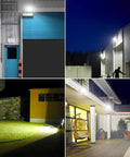 150W LED Flood Light Outdoor 15000 Lumens Crazy Bright Security Lights illuminating warehouse, yard, and poolside areas.
